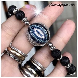 Lava rock & White gold plated cz eye bracelet